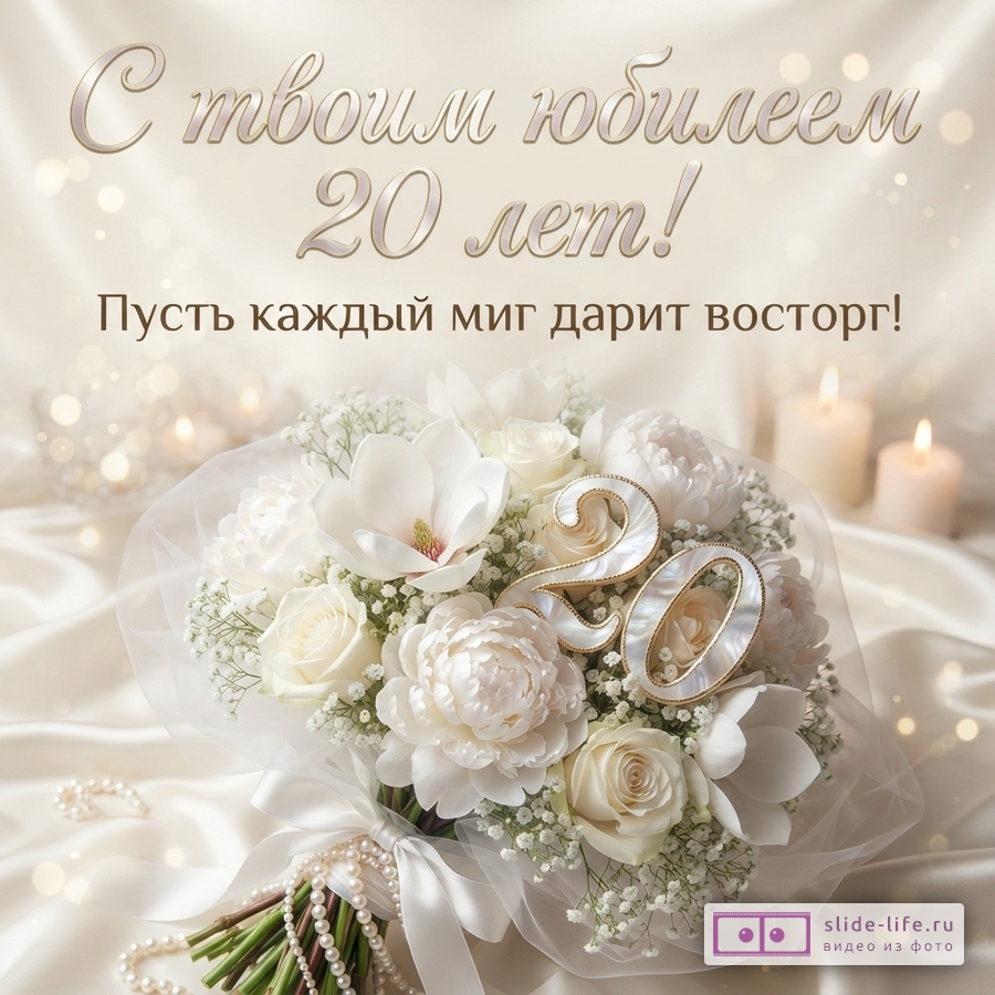 Бежевый фон, букет белых цветов, свечи, жемчуг, цифры «20», текст «С твоим юбилеем 20 лет! Пусть каждый миг дарит восторг!»