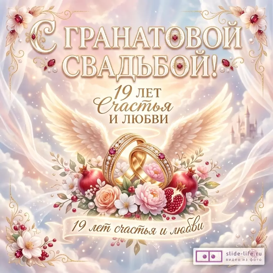 Нежно-розовый, кремовый и светло-голубой фон с облаками и золотым узором, цветы, гранаты, крылья и обручальные кольца. Текст: «С ГРАНАТОВОЙ СВАДЬБОЙ! 19 лет Счастья и любви», «19 лет счастья и любви».