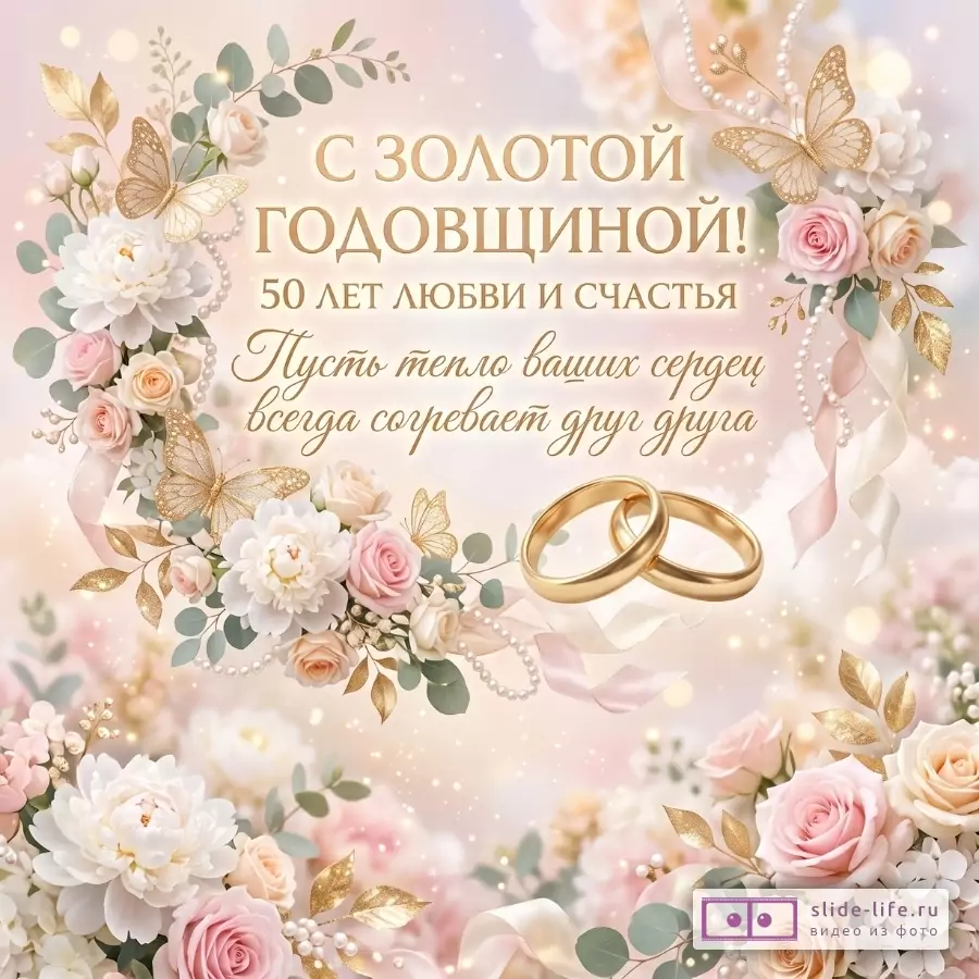 Розово-золотой фон, цветы, бабочки и обручальные кольца. Текст: «С ЗОЛОТОЙ ГОДОВЩИНОЙ! 50 ЛЕТ ЛЮБВИ И СЧАСТЬЯ Пусть тепло ваших сердец всегда согревает друг друга»