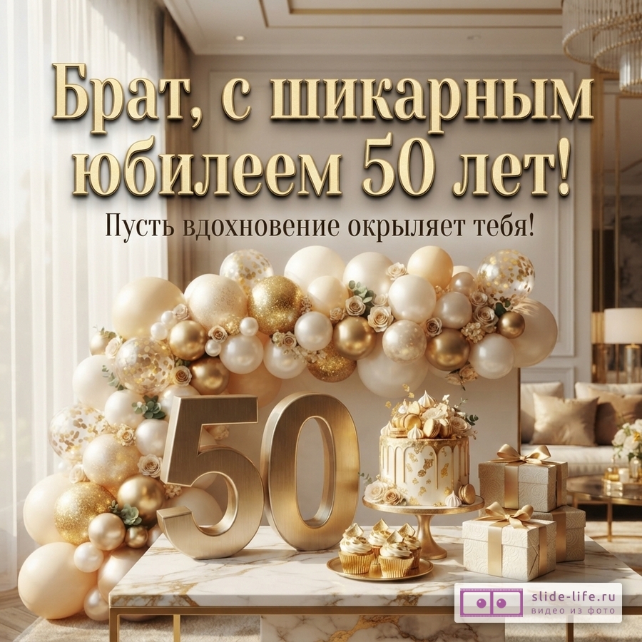 Открытка с золотыми буквами на бежевом фоне, текст «Брат, с шикарным юбилеем 50 лет! Пусть вдохновение окрыляет тебя!», золотые шары, торт, подарки