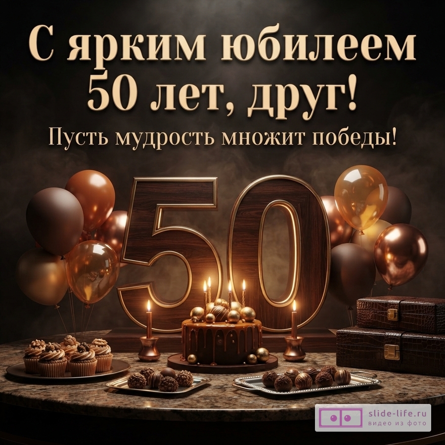 Темный фон, золотые и коричневые шары, большие деревянные цифры «50», шоколадный торт со свечами, пирожные, конфеты. Текст: «С ярким юбилеем 50 лет, друг! Пусть мудрость множит победы!»