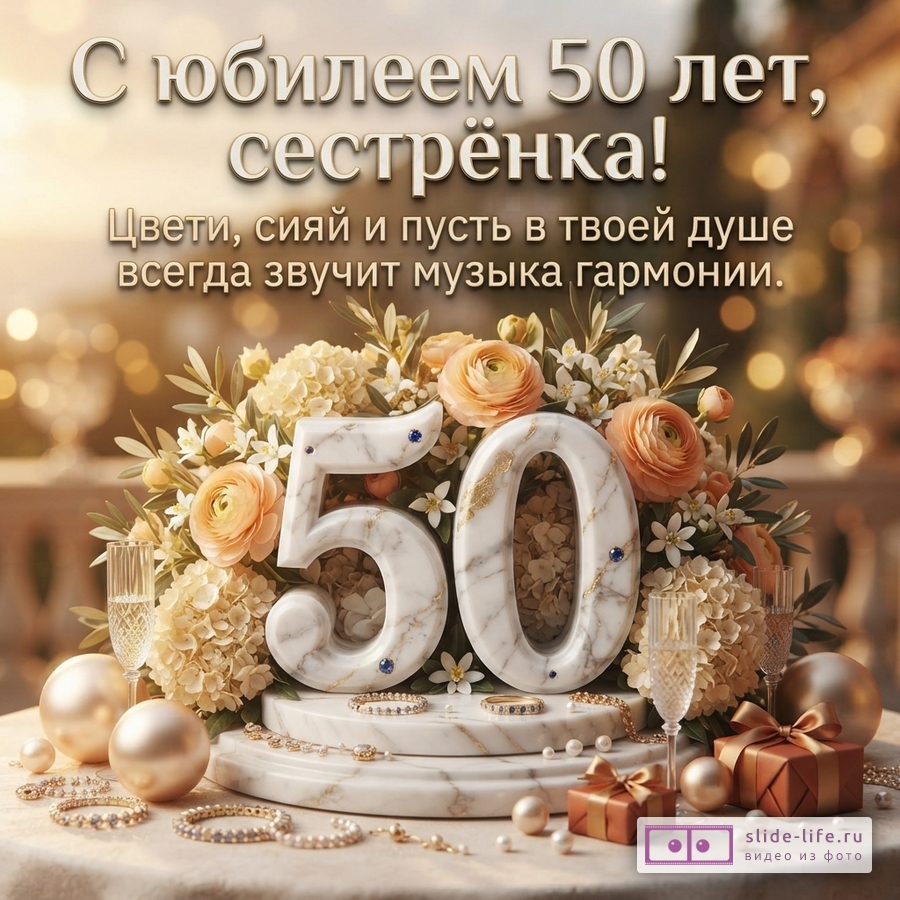 Открытка с золотистым фоном, на переднем плане композиция из белых мраморных цифр «50», украшенных синими камнями и золотыми вкраплениями, окруженных персиковыми и бежевыми цветами, жемчугом, золотыми шарами, бокалами с шампанским и подарочными коробками. Текст: «С юбилеем 50 лет, сестрёнка! Цвети, сияй и пусть в твоей душе всегда звучит музыка гармонии.»