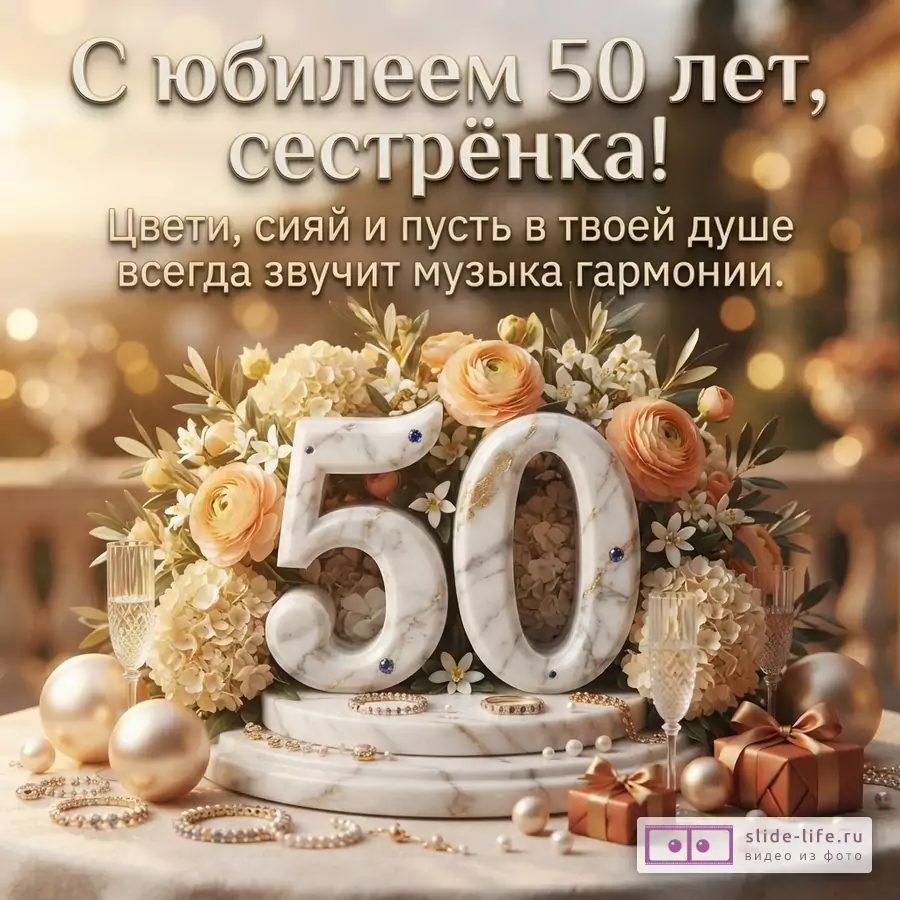 Открытка с золотистым фоном, на переднем плане композиция из белых мраморных цифр «50», украшенных синими камнями и золотыми вкраплениями, окруженных персиковыми и бежевыми цветами, жемчугом, золотыми шарами, бокалами с шампанским и подарочными коробками. Текст: «С юбилеем 50 лет, сестрёнка! Цвети, сияй и пусть в твоей душе всегда звучит музыка гармонии.»
