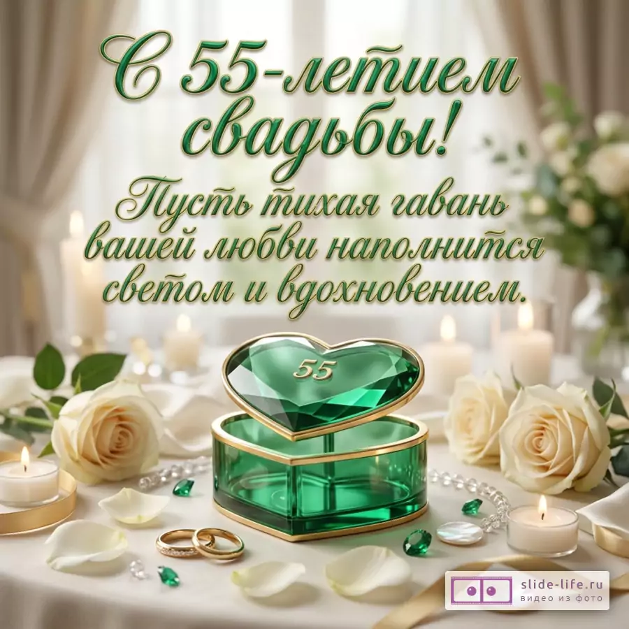Открытка с текстом «С 55-летием свадьбы! Пусть тихая гавань вашей любви наполнится светом и вдохновением.» бежевый фон, белые розы, свечи, обручальные кольца, зеленая шкатулка-сердце с числом «55»