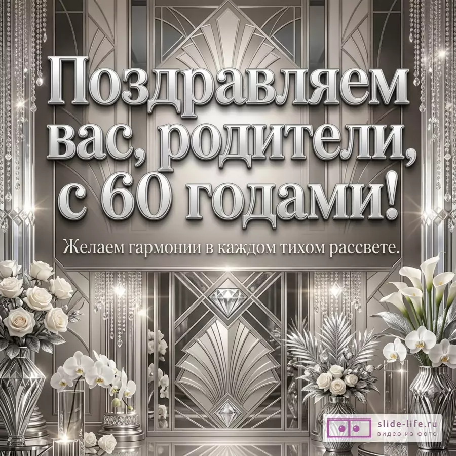 Серебристо-бежевый фон в стиле ар-деко, крупная надпись «Поздравляем вас, родители, с 60 годами! Желаем гармонии в каждом тихом рассвете.», белые розы, орхидеи, каллы, вазы, кристаллы