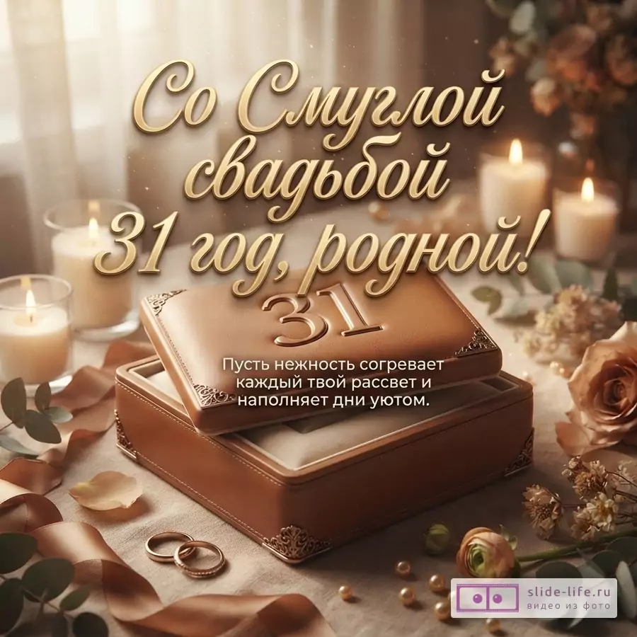 Фон бежевый, свечи, цветы, шкатулка, кольца. Текст «Со Смуглой свадьбой 31 год, родной! Пусть нежность согревает каждый твой рассвет и наполняет дни уютом.»