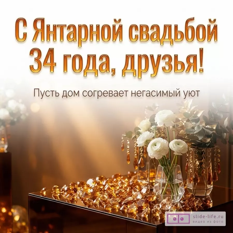 Белый фон, золотые буквы, текст «С Янтарной свадьбой 34 года, друзья! Пусть дом согревает негасимый уют».