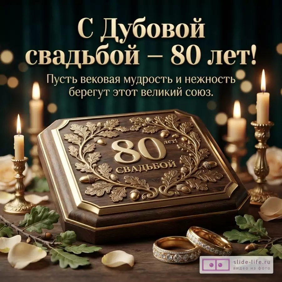 Тёмно-зелёный фон, свечи, дубовые листья, деревянная книга с золотым декором и обручальными кольцами. Текст: «С Дубовой свадьбой — 80 лет! Пусть вековая мудрость и нежность берегут этот великий союз.»