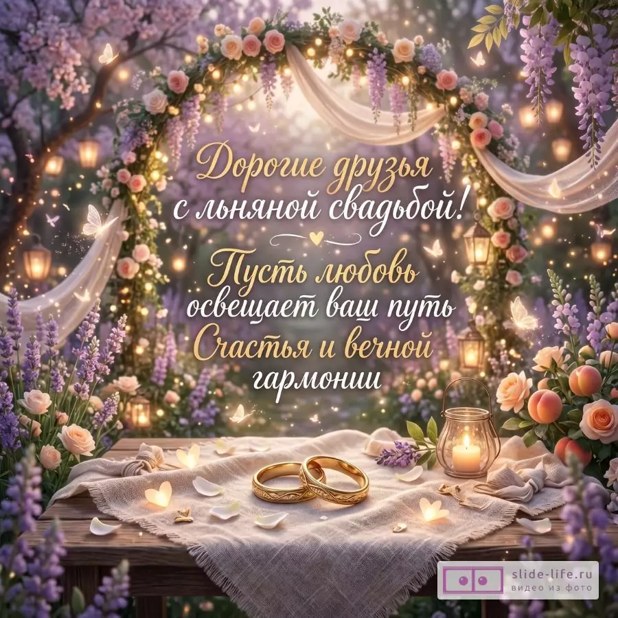 «Дорогие друзья с льняной свадьбой! Пусть любовь освещает ваш путь Счастья и вечной гармонии», сиренево-розовый фон, цветочная арка, фонарики, бабочки, свеча, кольца на льняной ткани.