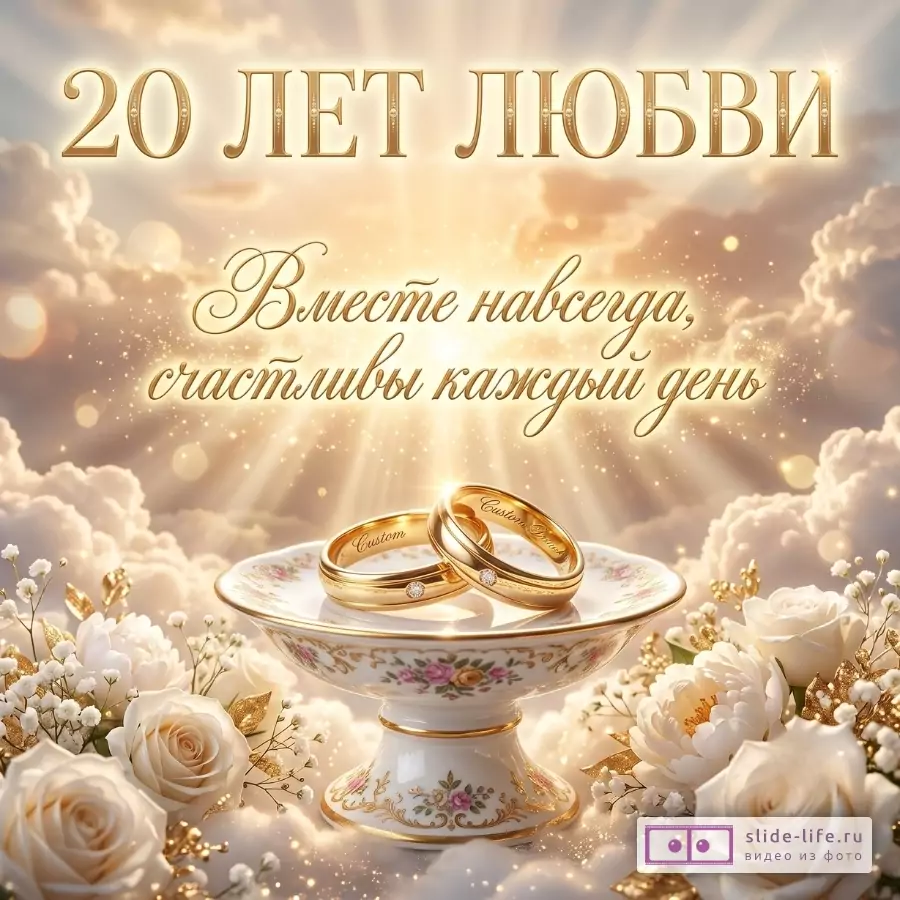 Золотисто-бежевый облачный фон с лучами света, фарфоровая чаша с цветочным узором, две золотые обручальные кольца, белые розы. Текст: «20 ЛЕТ ЛЮБВИ» «Вместе навсегда, счастливы каждый день»