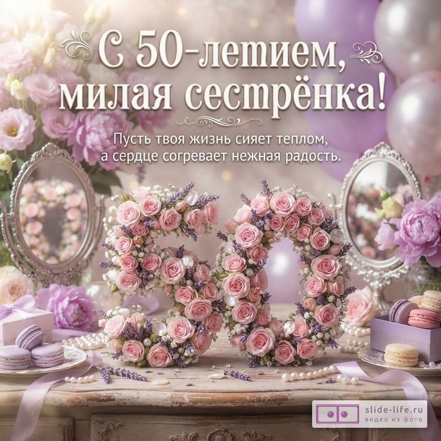 Открытка с бежевым фоном, розовыми цветами, сиреневыми шарами и макарунами. Текст: «С 50-летием, милая сестрёнка! Пусть твоя жизнь сияет теплом, а сердце согревает нежная радость.»