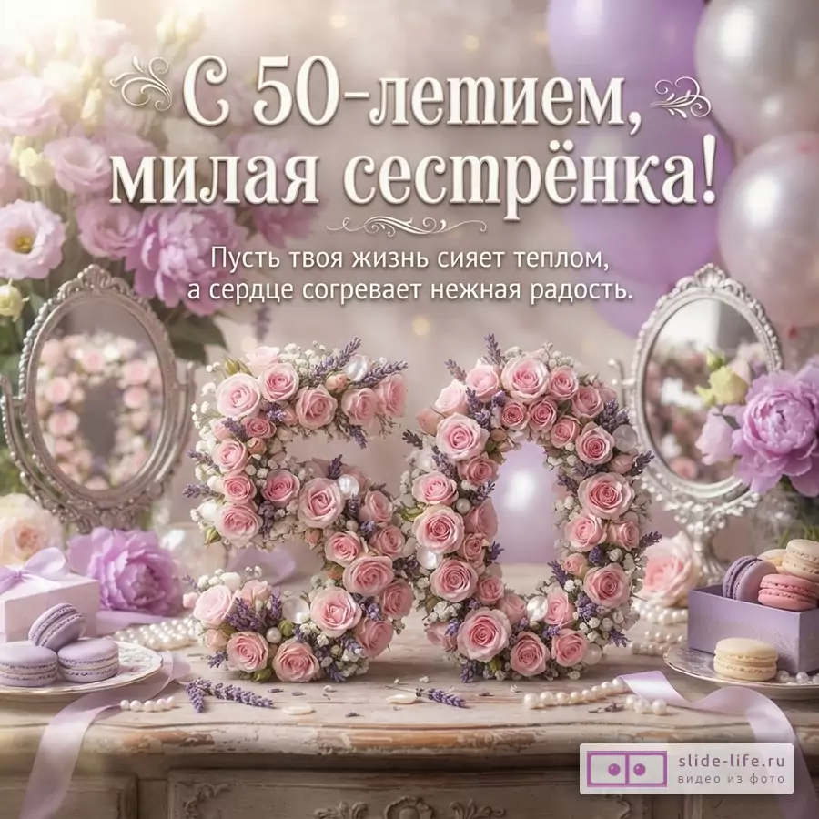Открытка с бежевым фоном, розовыми цветами, сиреневыми шарами и макарунами. Текст: «С 50-летием, милая сестрёнка! Пусть твоя жизнь сияет теплом, а сердце согревает нежная радость.»