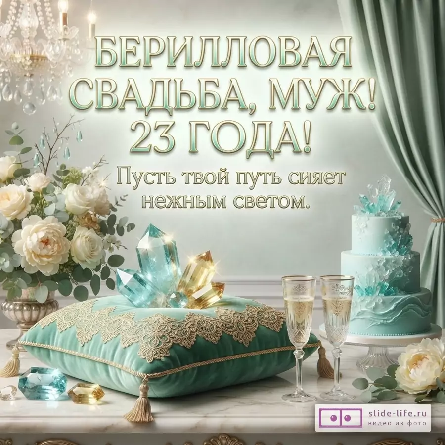 Мятно-бирюзовый интерьер с цветами, кристаллами, праздничным тортом, бокалами и шторами. Текст: «Берилловая свадьба, муж! 23 года! Пусть твой путь сияет нежным светом.»