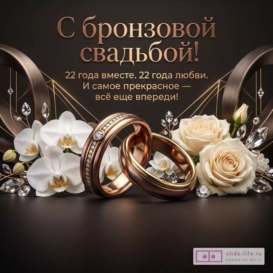 Темно-коричневый фон, бронзовые кольца, белые орхидеи и розы, кристаллы. Текст: «С бронзовой свадьбой! 22 года вместе. 22 года любви. И самое прекрасное — всё еще впереди!»
