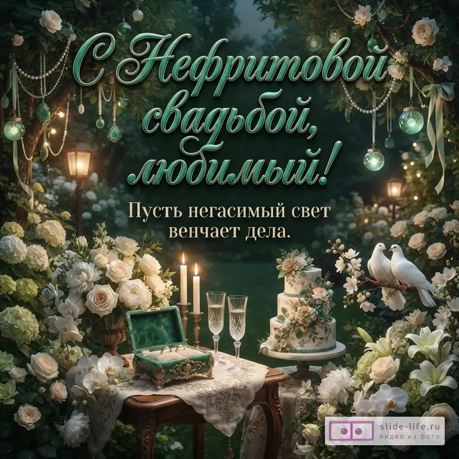 Темно-зеленый фон, цветочная композиция, люстра с подвесками, свечи, бокалы, торт, белые птицы, текст «С Нефритовой свадьбой, любимый! Пусть негасимый свет венчает дела.»