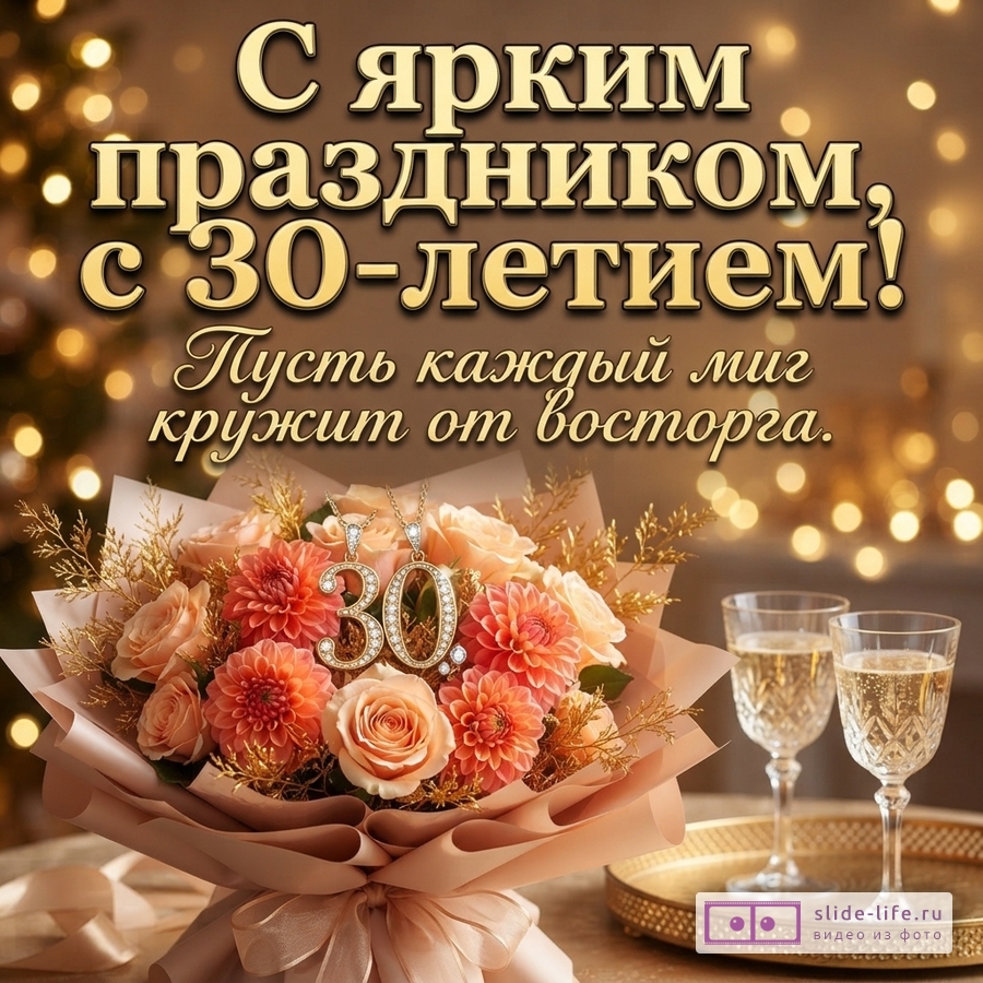 Букет коралловых роз и георгинов с кулоном в виде числа 30, бокалы с шампанским на золотом подносе на фоне боке, надпись: «С ярким праздником, с 30-летием! Пусть каждый миг кружит от восторга.»