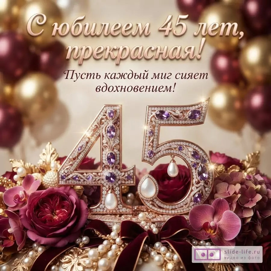Открытка с бежевым фоном и золотистыми и бордовыми шарами. В центре надпись «С юбилеем 45 лет, прекрасная! Пусть каждый миг сияет вдохновением!». Ниже крупные цифры 45, украшенные стразами, жемчугом и фиолетовыми камнями. Вокруг цифр бордовые розы, орхидеи, жемчужные бусы и бордовая лента.