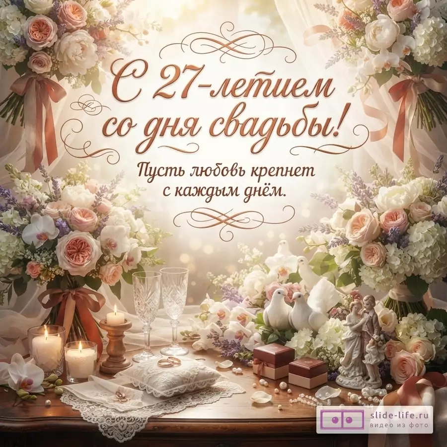 Фон светлый, размытый, с бликами. В верхних углах и по бокам букеты цветов. В центре надпись «С 27-летием со дня свадьбы! Пусть любовь крепнет с каждым днём.». Внизу столик с двумя бокалами, свечами, обручальными кольцами на подушечке, статуэткой пары, коробочками и жемчугом.