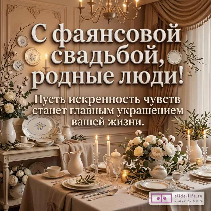 Открытка в бежевых и кремовых тонах, сервированный стол, белая посуда с синим узором, свечи, люстра, шторы, цветы, текст «С фаянсовой свадьбой, родные люди! Пусть искренность чувств станет главным украшением вашей жизни.»