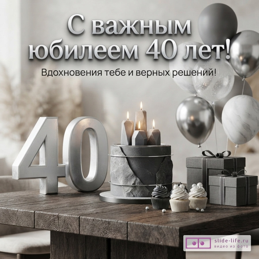 Открытка с юбилеем 40 лет. На деревянном столе стоят большие серебристые цифры «40», серый торт с геометрическими свечами, кексы, серые подарочные коробки. На заднем плане серые воздушные шары. Текст: «С важным юбилеем 40 лет! Вдохновения тебе и верных решений!»