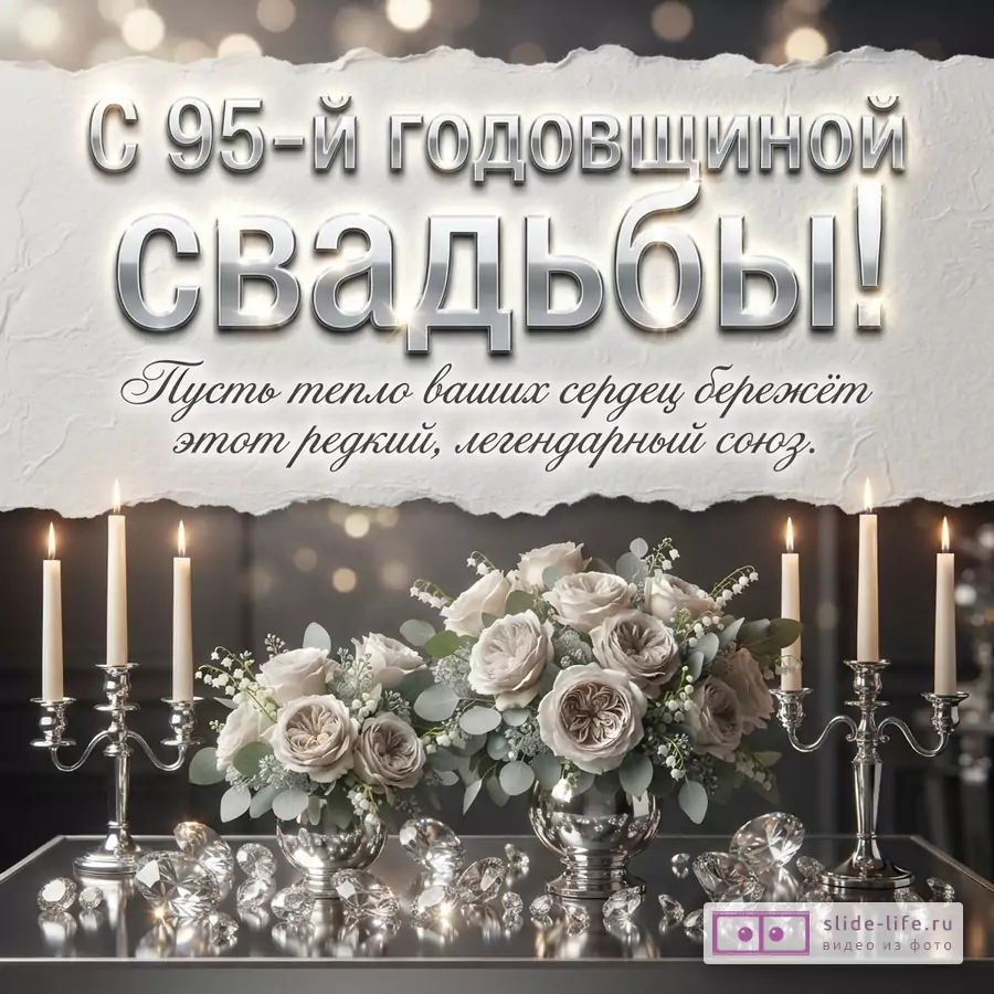 Белые розы в серебряных вазах, кристаллы и горящие свечи в канделябрах с текстом «С 95-й годовщиной свадьбы! Пусть тепло ваших сердец бережёт этот редкий, легендарный союз.»