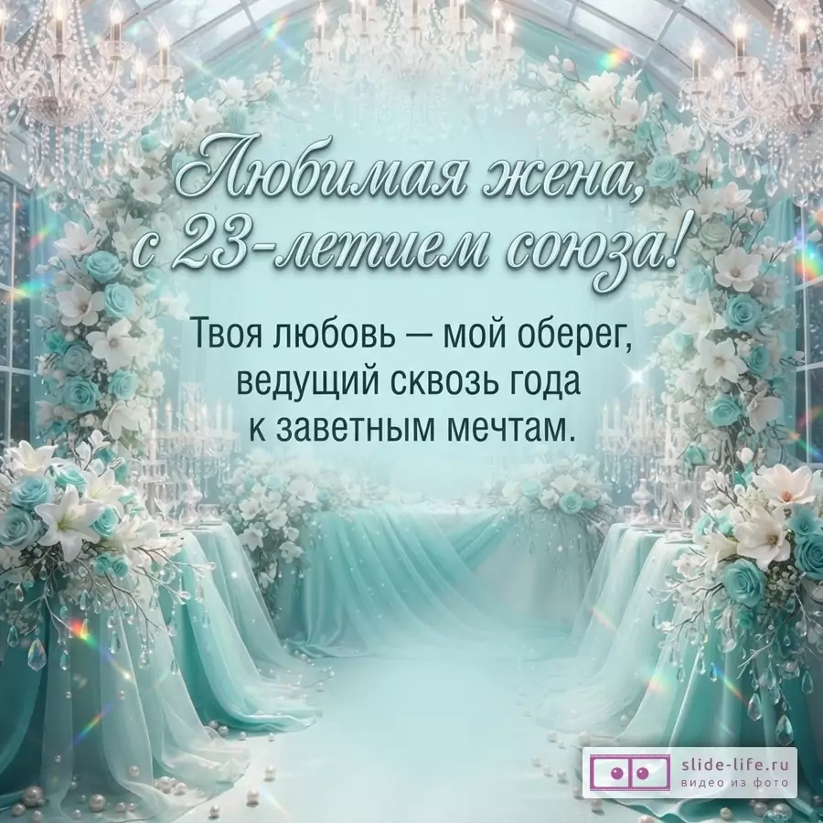 Праздничный зал в мятных тонах с хрустальными люстрами, цветочными арками и жемчугом. Надпись: «Любимая жена, с 23-летием союза! Твоя любовь — мой оберег, ведущий сквозь года к заветным мечтам».