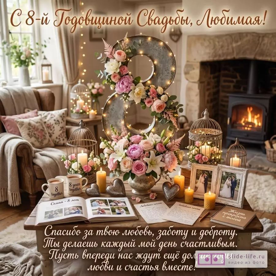 Поздравление любимой жене с жестяной свадьбой — открытка на 8 лет совместной жизни от мужа
