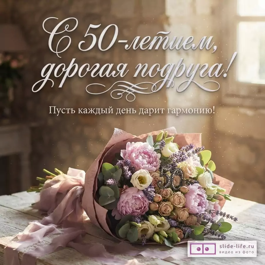 Открытка с букетом цветов на деревянном столе, фон размытый интерьер. Текст: «С 50-летием, дорогая подруга! Пусть каждый день дарит гармонию!»