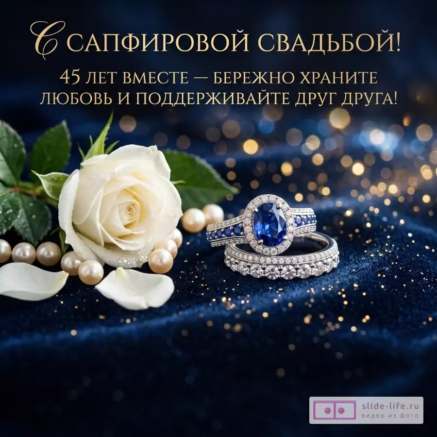 Темно-синий фон с золотистым боке, белая роза, жемчуг и кольца с синим сапфиром. Текст: «С сапфировой свадьбой! 45 лет вместе — бережно храните любовь и поддерживайте друг друга!»