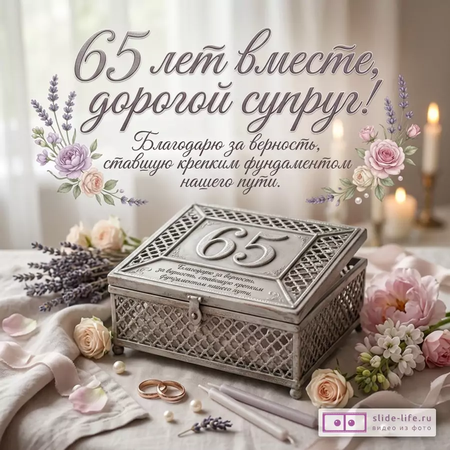Праздничная открытка с серебристой шкатулкой с числом 65, обручальными кольцами, свечами, розами и лавандой на светлом бежевом фоне, текст «65 лет вместе, дорогой супруг! Благодарю за верность, ставшую крепким фундаментом нашего пути.»