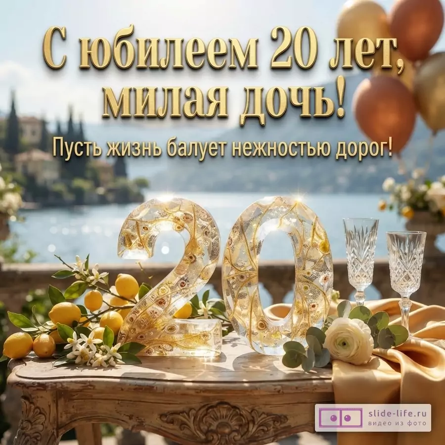 Объемная цифра 20 на столике с лимонами и бокалами у озера с надписью «С юбилеем 20 лет, милая дочь! Пусть жизнь балует нежностью дорог!»
