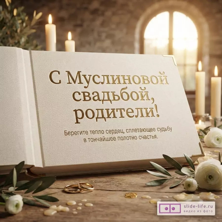Бежевая открытка-книга с золотым текстом, на деревянном столе, свечи, цветы, кольца. «С Муслиновой свадьбой, родители! Берегите тепло сердец, сплетающее судьбу в тончайшее полотно счастья.»