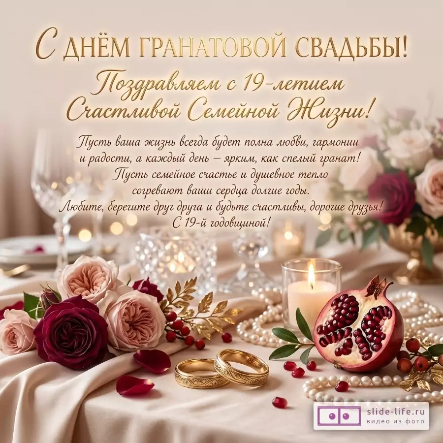 Бежево-кремовый фон, цветы, свеча, жемчуг, обручальные кольца и половина граната. Текст: «С ДНЁМ ГРАНАТОВОЙ СВАДЬБЫ! Поздравляем с 19-летием Счастливой Семейной Жизни!»