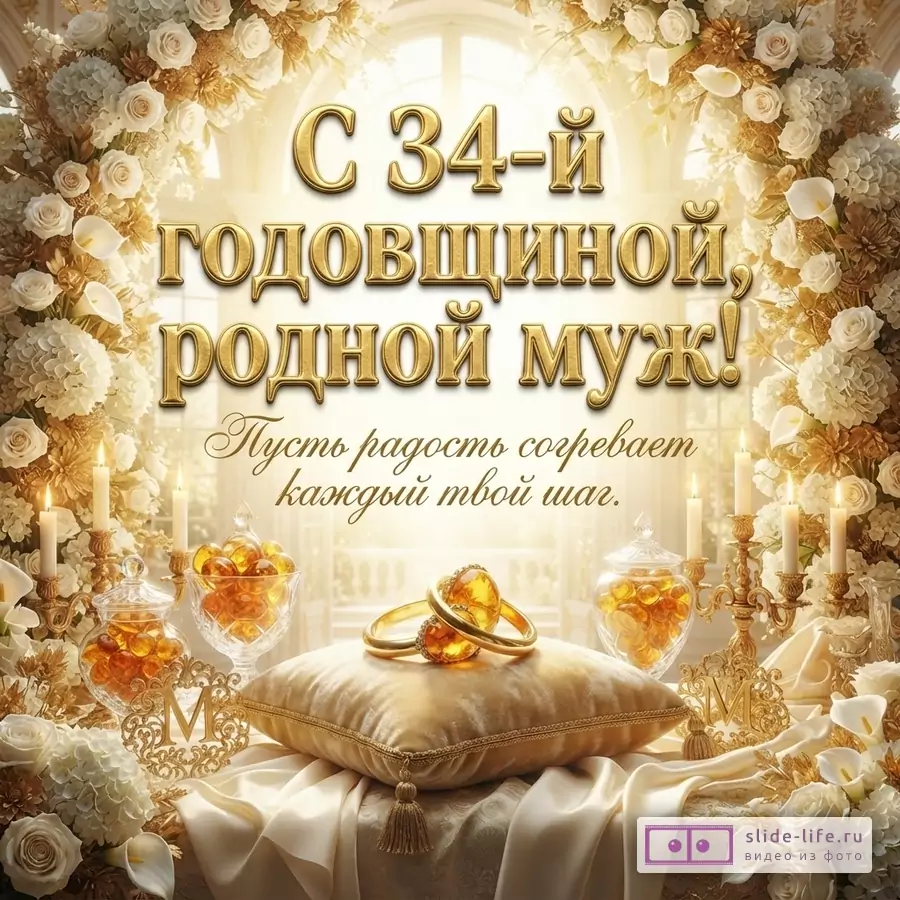 Золотой фон, арка из белых и золотых цветов, свечи, золотые кольца на подушке. Текст: «С 34-й годовщиной, родной муж! Пусть радость согревает каждый твой шаг.»