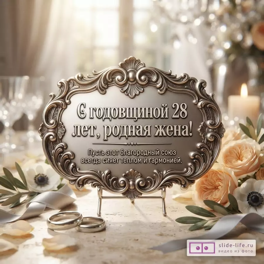 Фон светлый, бежевый. В центре серебряная рамка на подставке. Слева и справа цветы, ленты, лепестки. Внизу два серебряных кольца. Текст на рамке: «С годовщиной 28 лет, родная жена! Пусть этот благородный союз всегда сияет теплом и гармонией.»