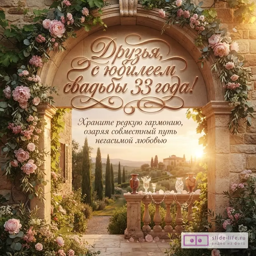 Арка из камня, увитая розами и зеленью, на фоне тосканского пейзажа на закате. В центре арки надпись «Друзья, с юбилеем свадьбы 33 года!». Ниже надпись «Храните редкую гармонию, озаряя совместный путь негасимой любовью».
