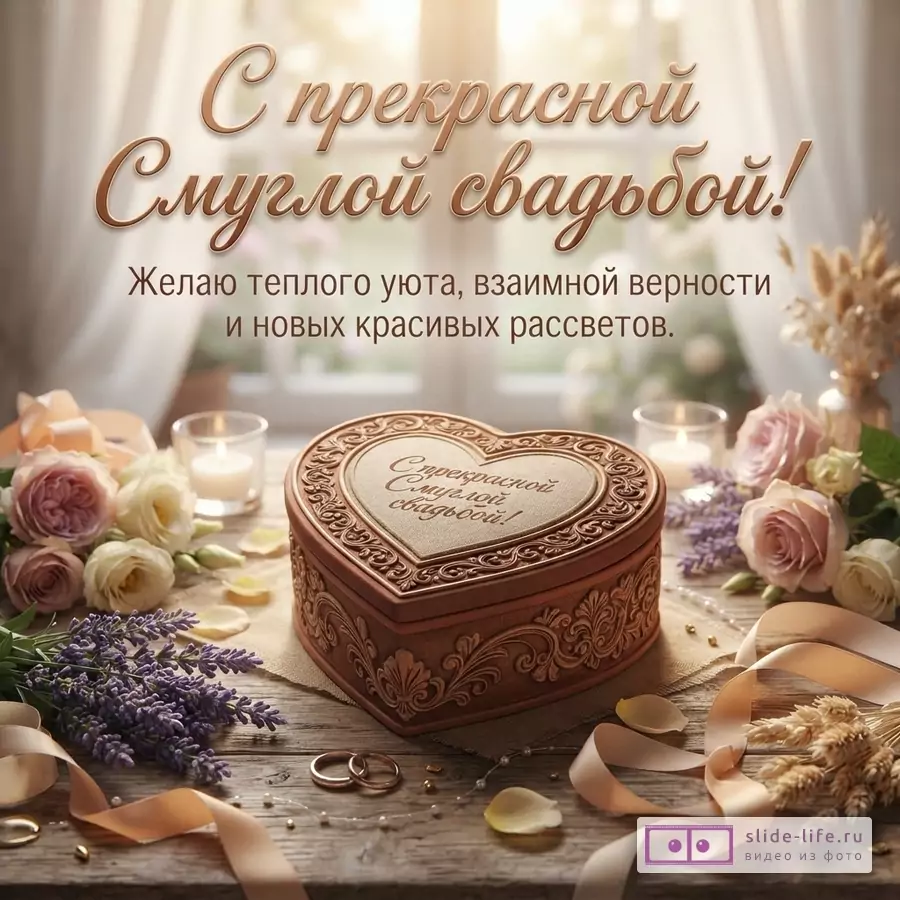 Бежево-коричневая открытка с сердечной шкатулкой, цветами, свечами и лентами. Текст: «С прекрасной Смуглой свадьбой! Желаю теплого уюта, взаимной верности и новых красивых рассветов.»