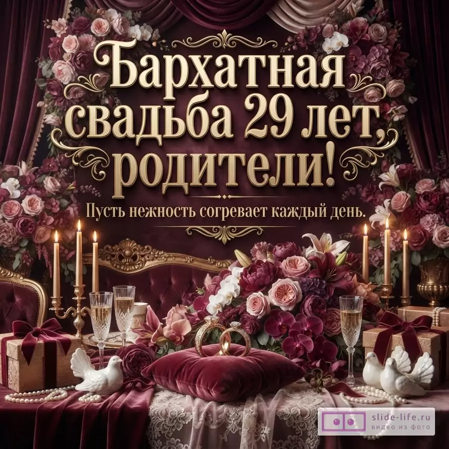 Открытка с бархатной свадьбой для родителей. Фон бордовый, золотые буквы, цветы, свечи, бокалы, подушечка с кольцами. Текст: «Бархатная свадьба 29 лет, родители! Пусть нежность согревает каждый день.»