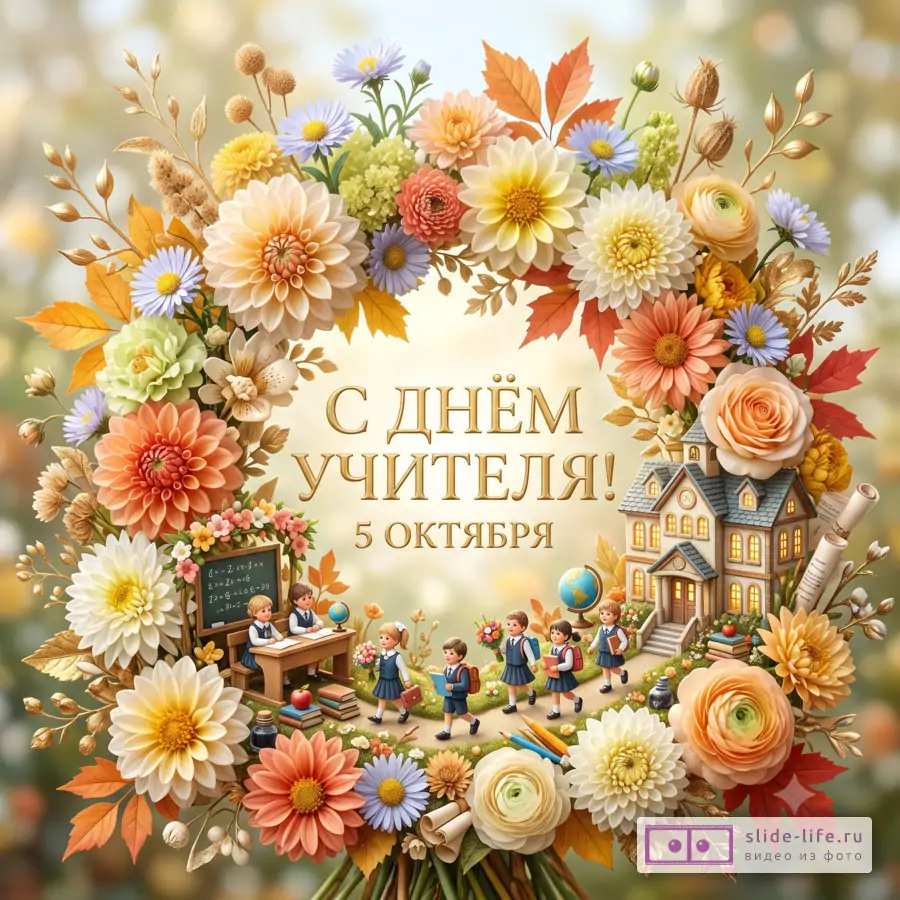 День учителя 5 октября — красивая осенняя открытка с цветами и поздравлением