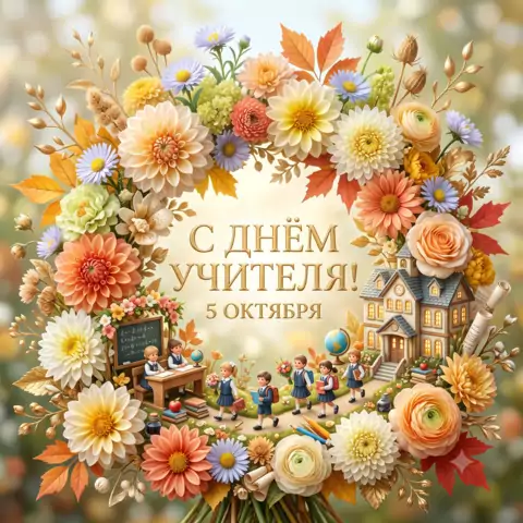 День учителя 5 октября — красивая осенняя открытка с цветами и поздравлением