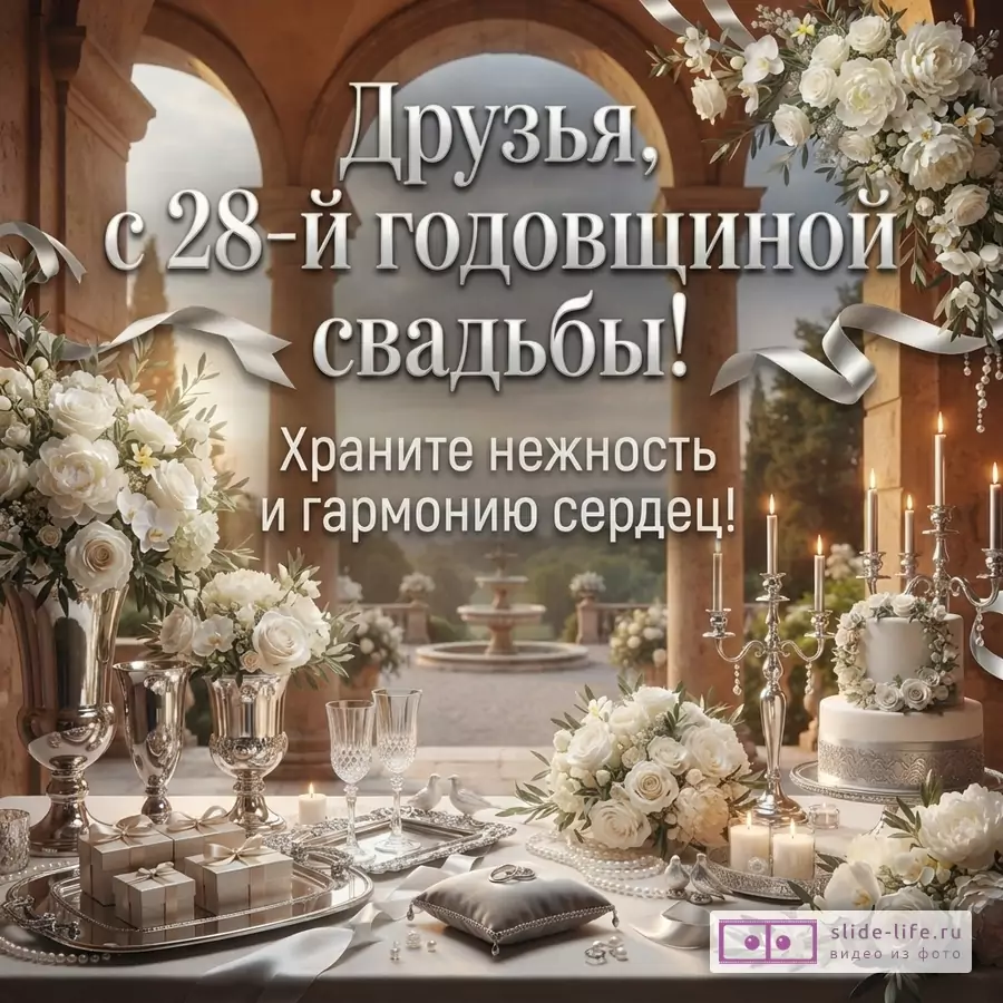 Фон бежево-коричневый, на переднем плане праздничный стол с белой скатертью, цветами, свечами, тортом, шампанским. Текст «Друзья, с 28-й годовщиной свадьбы! Храните нежность и гармонию сердец!»