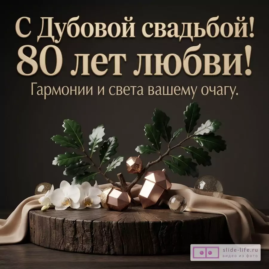 Дубовый спил, ветви с зелеными листьями, декоративные желуди и белые цветы на темном фоне с надписью «С Дубовой свадьбой! 80 лет любви! Гармонии и света вашему очагу.»