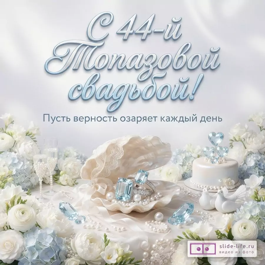 Открытка с белым фоном, голубыми и белыми цветами, жемчугом, кольцами с голубыми камнями. Текст: «С 44-й Топазовой свадьбой! Пусть верность озаряет каждый день.»