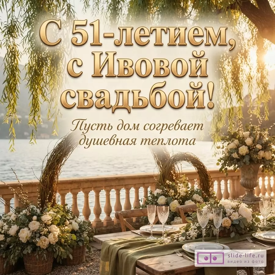 Открытка с видом на озеро, на переднем плане сервированный стол с цветами. Фон светлый, золотистый. Текст: «С 51-летием, с Ивовой свадьбой! Пусть дом согревает душевная теплота»