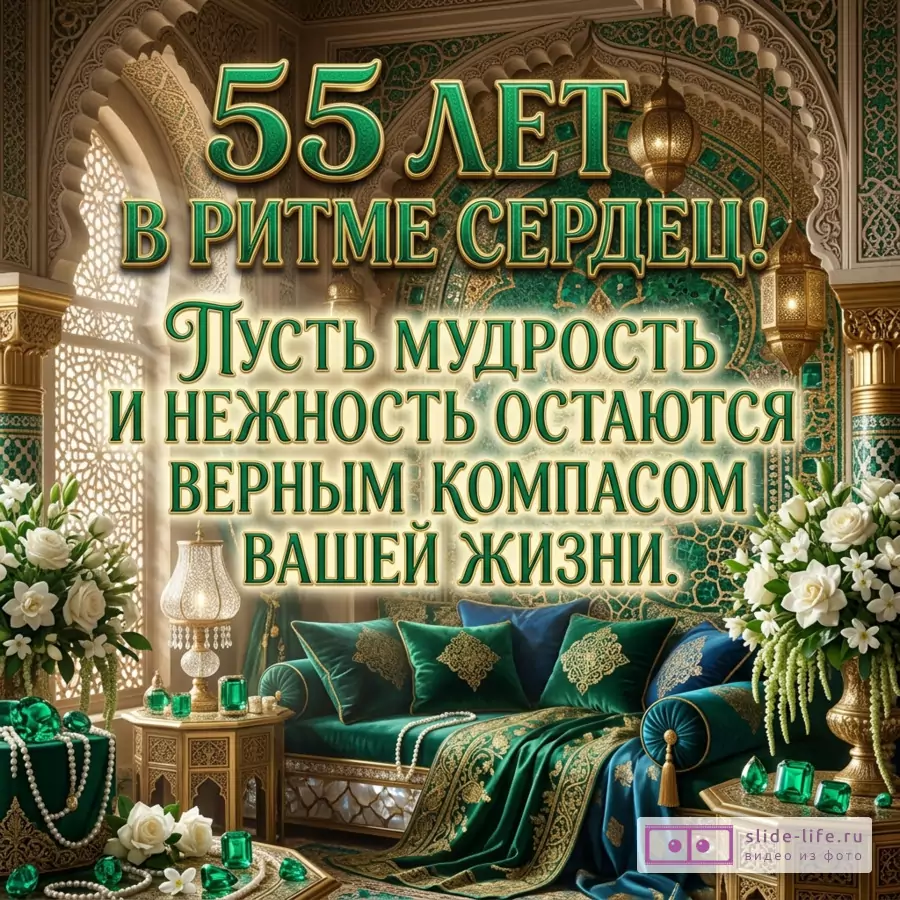 Открытка с интерьером в восточном стиле, арки, узоры, золотые фонари, изумрудный диван с подушками, белые розы, жемчуг, зеленые камни, текст «55 ЛЕТ В РИТМЕ СЕРДЕЦ! Пусть мудрость и нежность остаются верным компасом вашей жизни.»