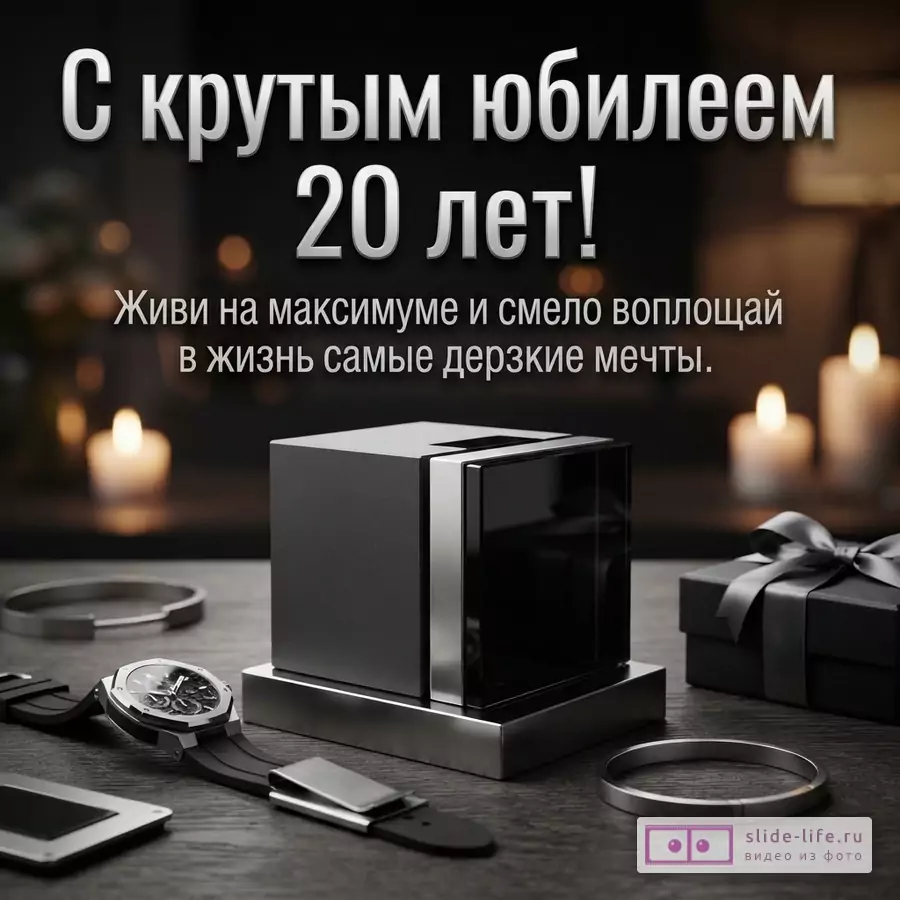 Темный фон, свечи, часы, подарочные коробки и серебристый текст «С крутым юбилеем 20 лет! Живи на максимуме и смело воплощай в жизнь самые дерзкие мечты.»