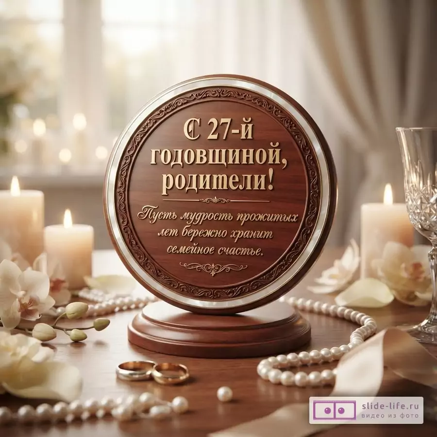 Круглая деревянная табличка на подставке с текстом «С 27-й годовщиной, родители! Пусть мудрость прожитых лет бережно хранит семейное счастье.» на фоне свечей, орхидей, жемчуга и обручальных колец.