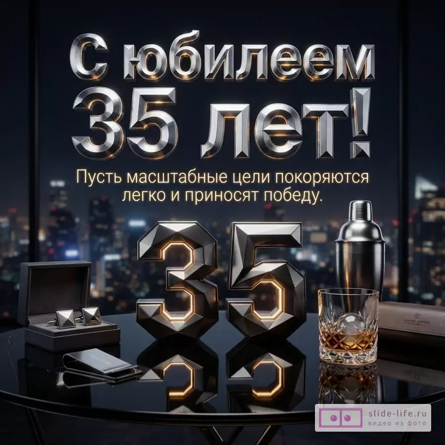 Металлическая объемная надпись «С юбилеем 35 лет! Пусть масштабные цели покоряются легко и приносят победу», бокал виски, шейкер и запонки на столе на фоне ночного города.