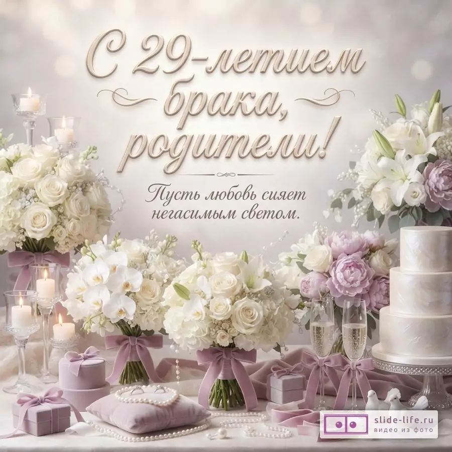 Светлый фон, букеты белых и сиреневых цветов, свечи, подарки, торт, бокалы. Текст: «С 29-летием брака, родители! Пусть любовь сияет негасимым светом.»