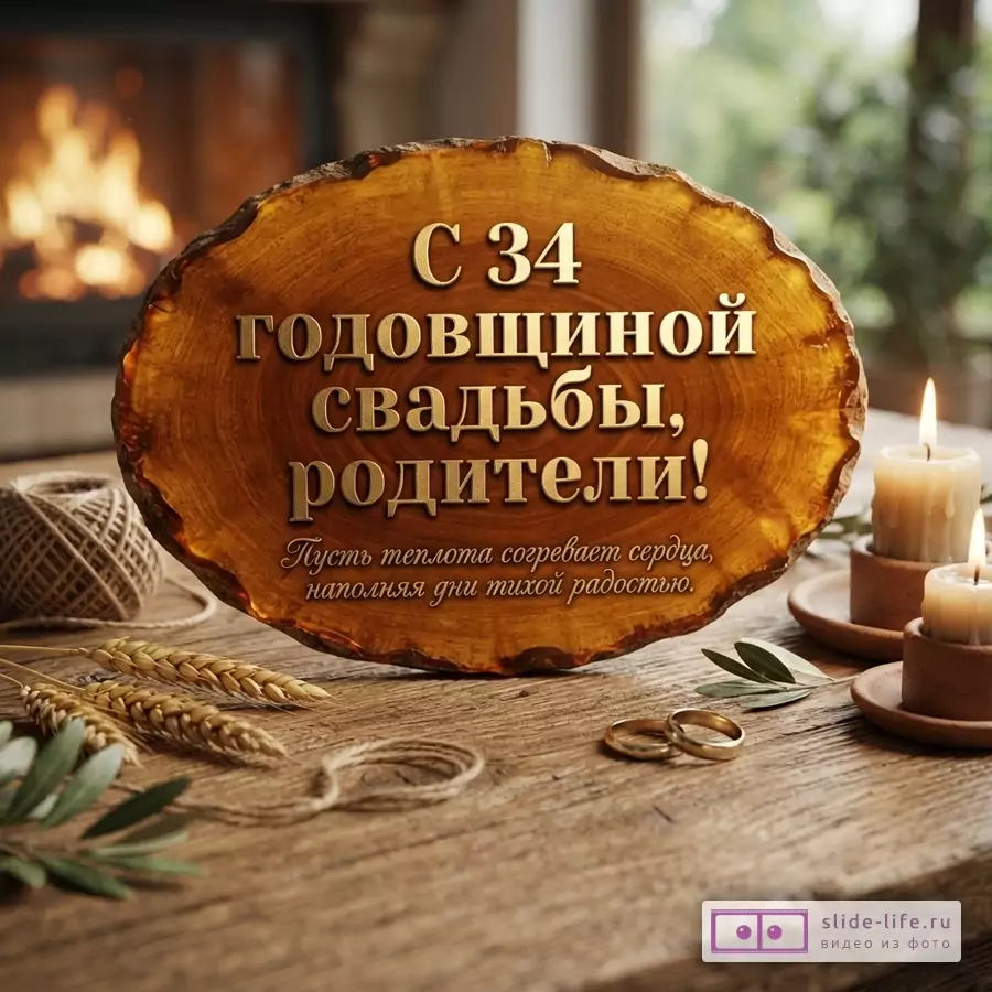 Деревянная доска с золотыми буквами на фоне камина, свечей и обручальных колец. Текст: «С 34 годовщиной свадьбы, родители! Пусть теплота согревает сердца, наполняя дни тихой радостью.»